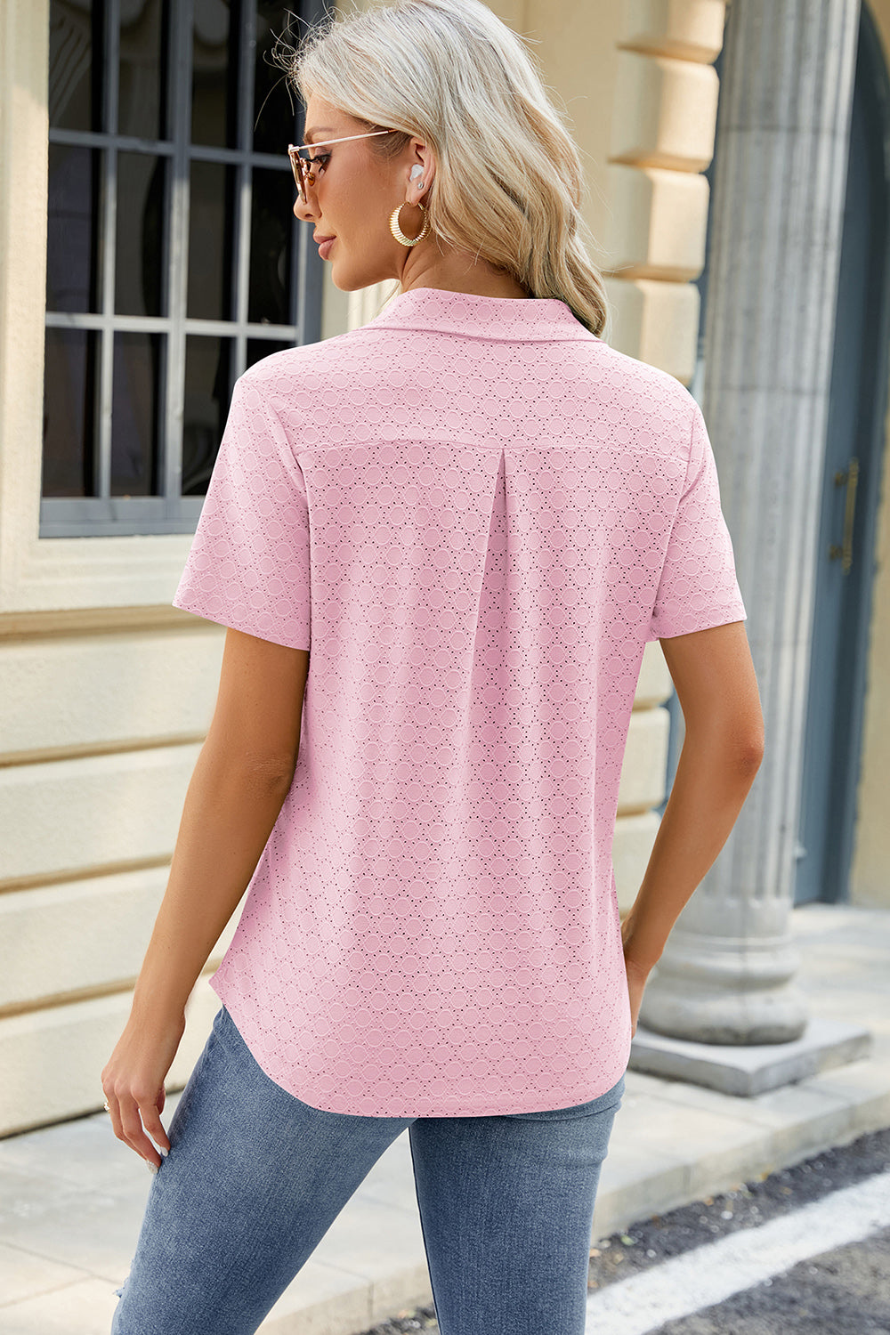 Pocketed Johnny Collar Short Sleeve Blouse Pocketed Johnny Collar Short Sleeve Blouse